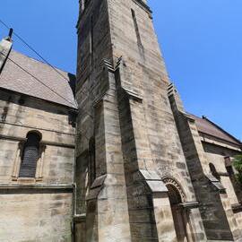 Tall bell tower of St John's Anglican Church, Glebe, 2017