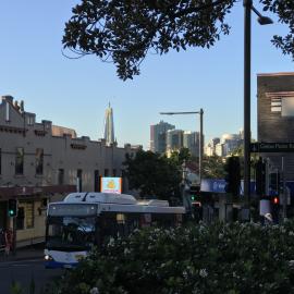 Bus coming up Bridge Road, at Glebe Point Road, Glebe, 2020