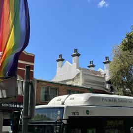 Large Mardi Gras rainbow banner, Glebe Point Road, Glebe 2023