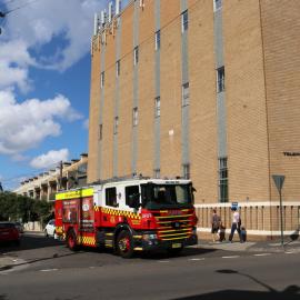 Fire truck by Glebe Telephone Exchange, St Johns Road, Glebe, 2018