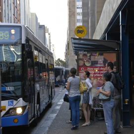 Passengers in York Street waiting for bus, bus congestion, Sydney, 2008