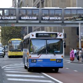 Monorail is overhead in York Street, at Market Street, bus congestion, Sydney, 2008