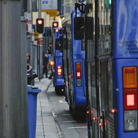 Buses lined up in George Street, bus congestion, Sydney, 2008