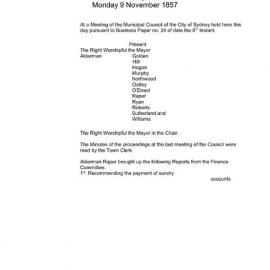 Transcript - Minutes of Council - Meeting no. 0029, 09 Nov 1857 [Municipal Council of Sydney]