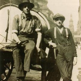 Council water cart attendant and block boy, York Street Sydney, 1924