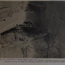 West portal of tunnel from top of Open Cut showing formwork Upper Fort Street Millers Point, 1940