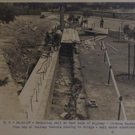 View south west of wall construction from top of rail tunnels Bradfield Highway Sydney, 1939