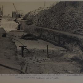View south at excavation for foundation east side retaining wall, Bradfield Highway Sydney, 1940