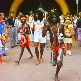 First Nations performers on Australia Day, Hyde Park Sydney, 1985