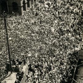 Large crowd celebrating end of World War I, Martin Place Sydney, 1918