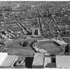 Aerial view of Wentworth Park and Glebe from Pyrmont, 1970s