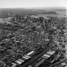 Aerial view of Sydney CBD and beyond from above Eveleigh Railway Yard Redfern, 1983