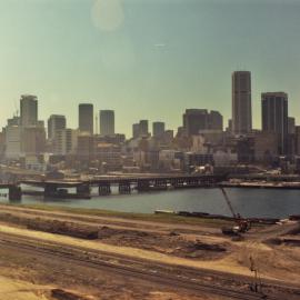 City skyline from Darling Harbour before re-construction, 1985