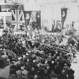 Opening of production building at Nuffield Square, Sydney factory of British Motor Corporation, Zetland.