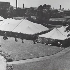Tent displays at Nuffield Square, Sydney factory of British Motor Corporation, Zetland.