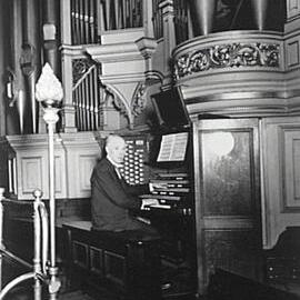 City Organist, Mr E Truman, at the console of the Town Hall Grand organ