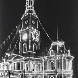 Town Hall illuminated at night for the royal visit of the Duke and Duchess of York