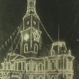 Town Hall illuminated at night for the royal visit of the Duke and Duchess of York