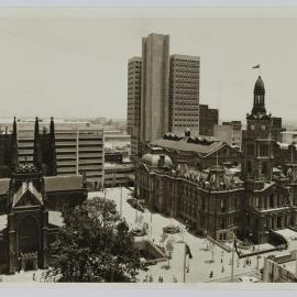 Sydney Square with Sydney Town Hall and Town Hall House, George Street, circa 1977