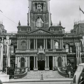 Town Hall decorations for royal visit, George Street Sydney, 1954