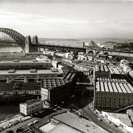 View looking north east of Millers Point and Sydney Harbour Bridge, circa 1980