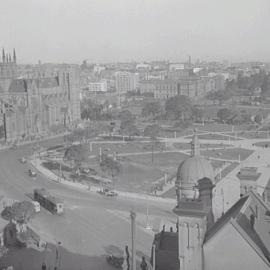 Aerial view of north east corner of Hyde Park North and St Mary's Cathedral