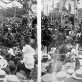 Edmond Barton passing crowds, Federation Day Parade, Sydney, 1901