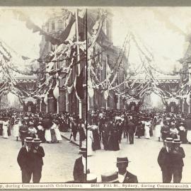 Crowds near commemorative arch, Federation celebrations, Pitt Street Sydney, 1901