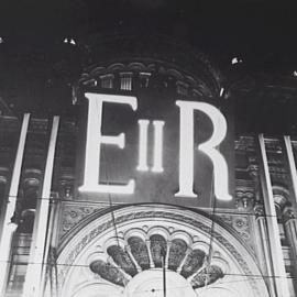 Queen Victoria Building (QVB) illuminated for royal visit, 1954