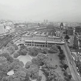 Aerial view of Central Railway Station and Belmore Park, 1980s