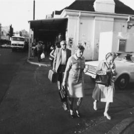 Pedestrians outside Newtown Railway Station, King Street Newtown, 1985