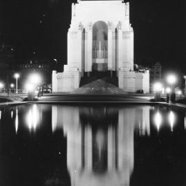 Anzac Memorial illuminated at night, Hyde Park South Sydney, 1934