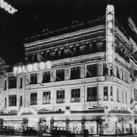 Palmers building illuminated at night