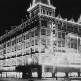 Mark Foy's building illuminated at night, Liverpool Street Sydney, 1934