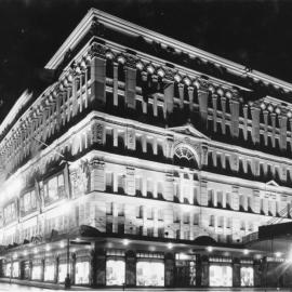 Anthony Hordern & Son Ltd building illuminated at night, George Street Sydney, 1934