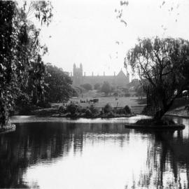 View across the lake in Victoria Park to the University of Sydney Camperdown, no date