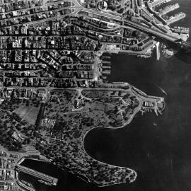 Aerial over Sydney CBD and Royal Botanic Gardens, 1940s