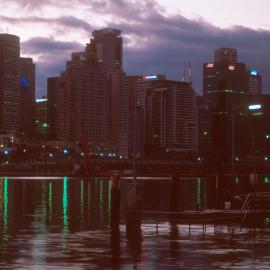 City skyline at dusk.