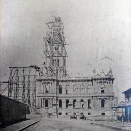 Clock tower of Sydney Town Hall during construction, George Street Sydney, 1873