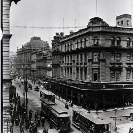 Electric trams in George Street and Martin Place Sydney, 1900