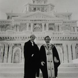 Lord Mayor and Town Clerk in front of ice sculpture of Sydney Town Hall, Sapporo Snow Festival, Japan, 1978