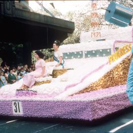 Float, Waratah Spring Festival parade, Elizabeth Street Sydney, 1965