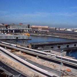 Darling Harbour showing the Western Distributor under construction