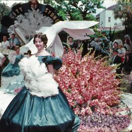 Waratah Princess beside the City of Sydney float, Waratah Festival Sydney, 1960