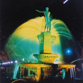 Archibald Fountain illuminated and coloured at night, 1990