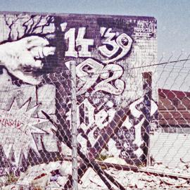 Deja Vu street art mural about war in Bosnia, Erskineville Road and Linthorpe Street Newtown, 1992