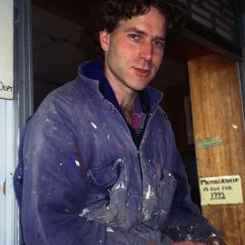 Andrew Aiken working on PCYC mural, corner Erskineville Road and Angel Street Newtown, circa 1991