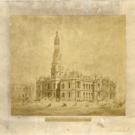 Sketch of architect JH Willson's selected design of the Town Hall, George Street Sydney, 1883