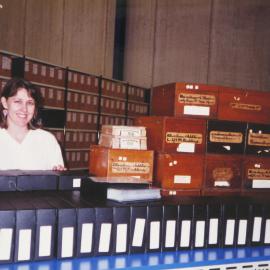 Archivist Angela McGing, storage boxes for photographic glass plates, Ellis Avenue Beaconsfield, 1996