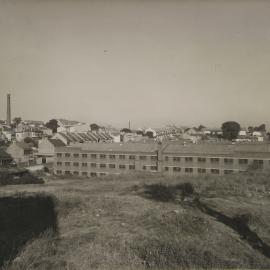 View across vacant land looking from Wigram Lane towards Ross Street and Hereford Street Glebe, 1956